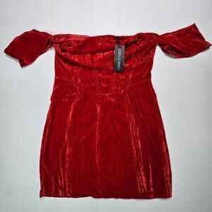 I Saw It First Textured Velvet‎ Mini Dress Womens 10 Off Shoulder Red Y2K Glam